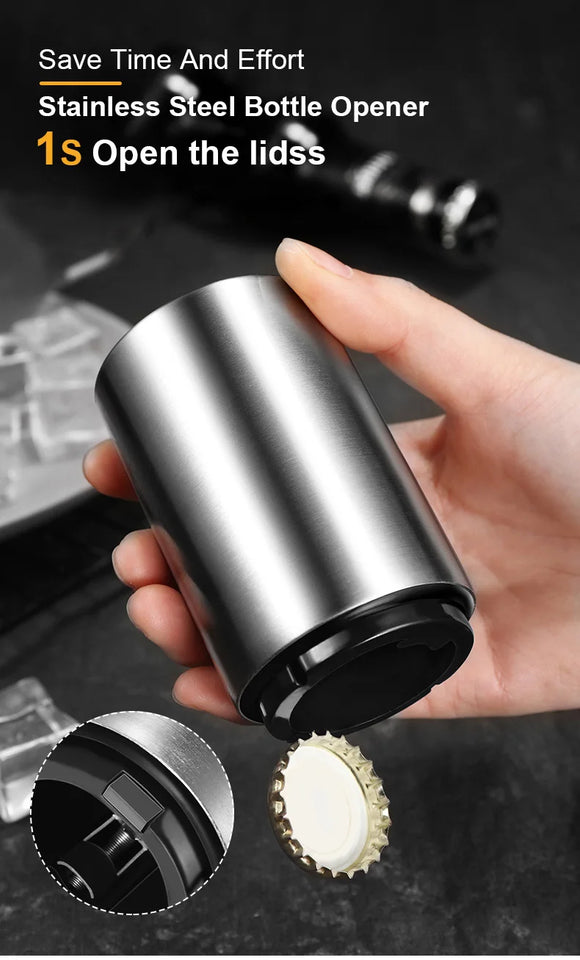 Stainless Steel Automatic  Beer Bottle Opener No Bend Push Down Cap - Easy Open for Beer and Soda Glass Bottles Kitchen Opener