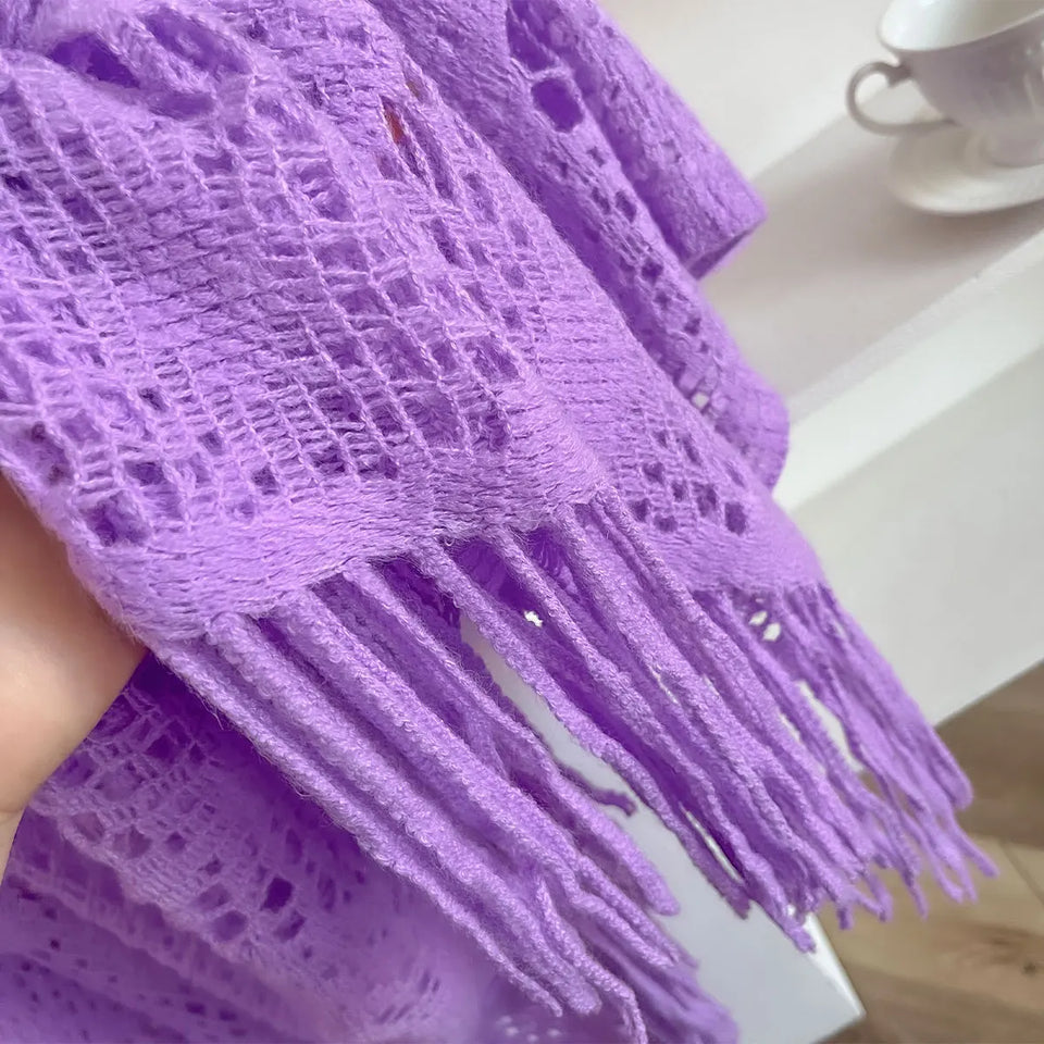 New Spring and Summer Fashion Women's Fringed Knitted Shawl Women Hollow out Solid Color Capes Knitted Pullover