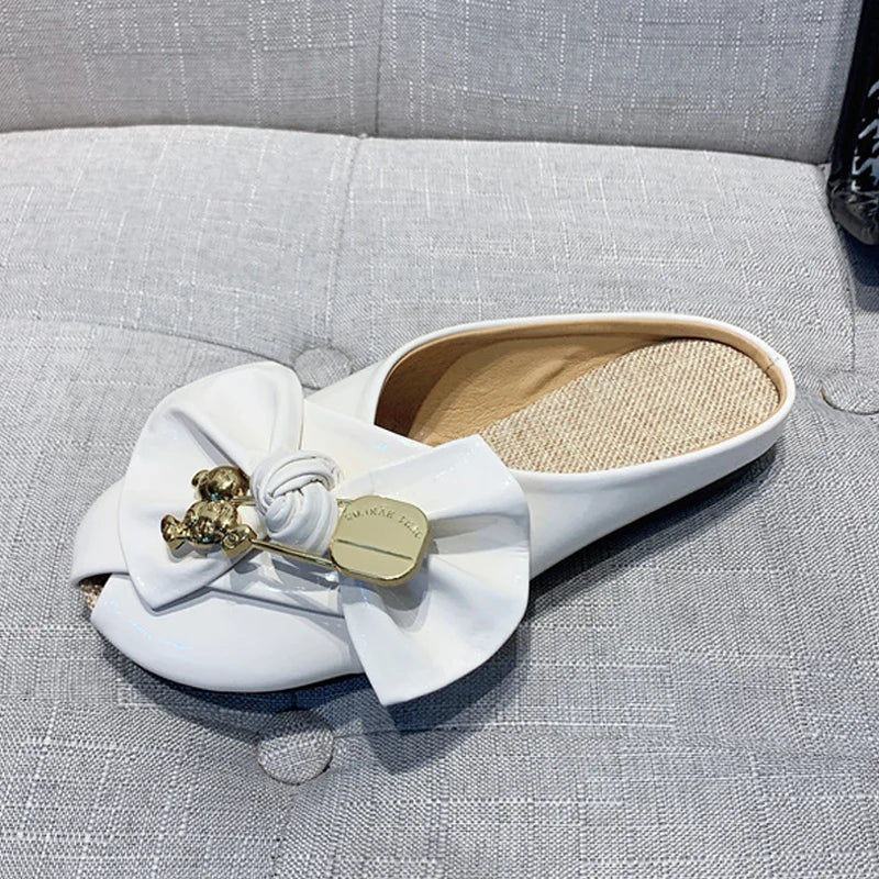 Women Slippers Gold Chain Bear Half Slippers Female Flats Sandals Brand Mullers Plus Size Summer Women Shoes Fashion Bow Slipper