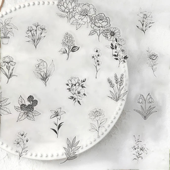 50pcs Black And White Vintage Retro Flower Plant Stickers Decals Laptop Scrapbooking Journal Planner Card Making PET Stickers﻿