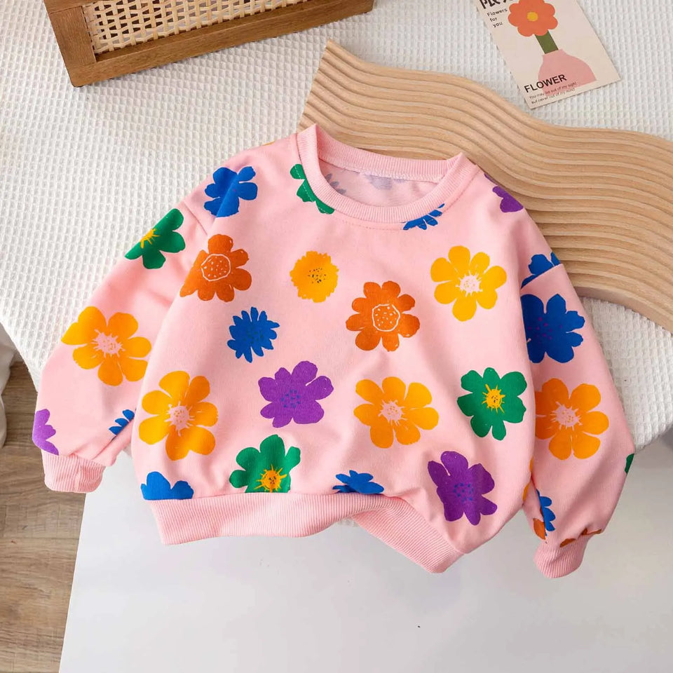 Spring Autumn Baby and Girls Sweet All-Over Flowers Sweatshirt School Kids Outfit Pullover Tops Child Workout Jumper 1-12 Years