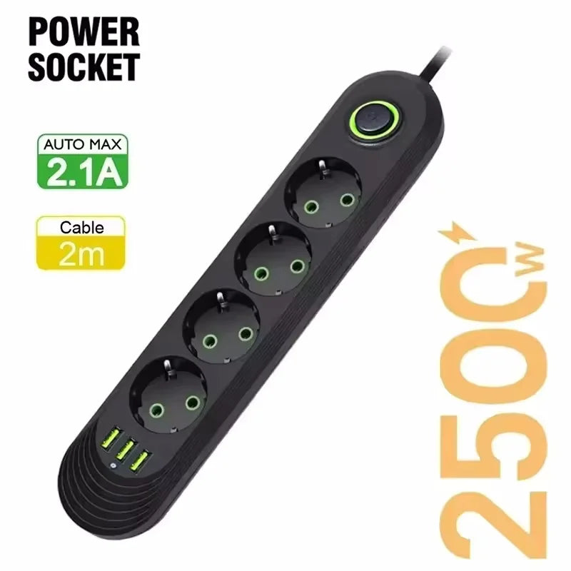 2500W Power Strip with 3USB Ports EU Plug Socket 2m Extension Cable Fast Charging Round Pin AC Outlet Electrical Charger Adapter