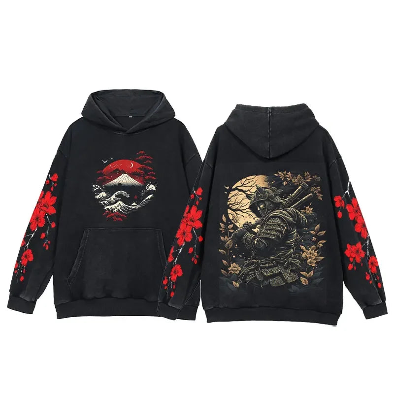 Y2K Anime Hoodies Men Ukiyoe Oversized Loose Vintage Acid Wash Hooded Sweatshirt Women Goth Harajuku Cotton Long Sleeve Pullover