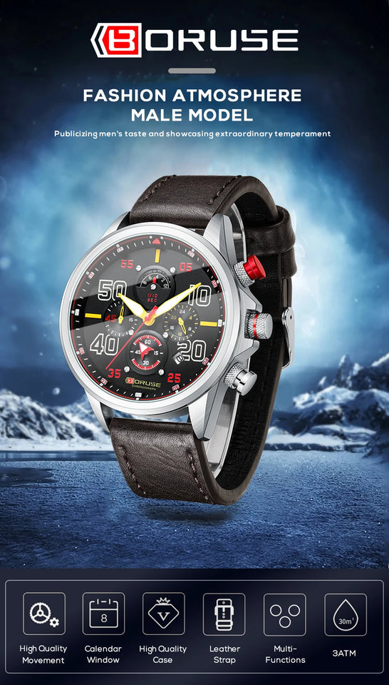 BORUSE Fashion Mens Sports Watches Luxury Men Business Wrist Watch Leather Quartz Watch Waterproof Luminous Male Clock With Box