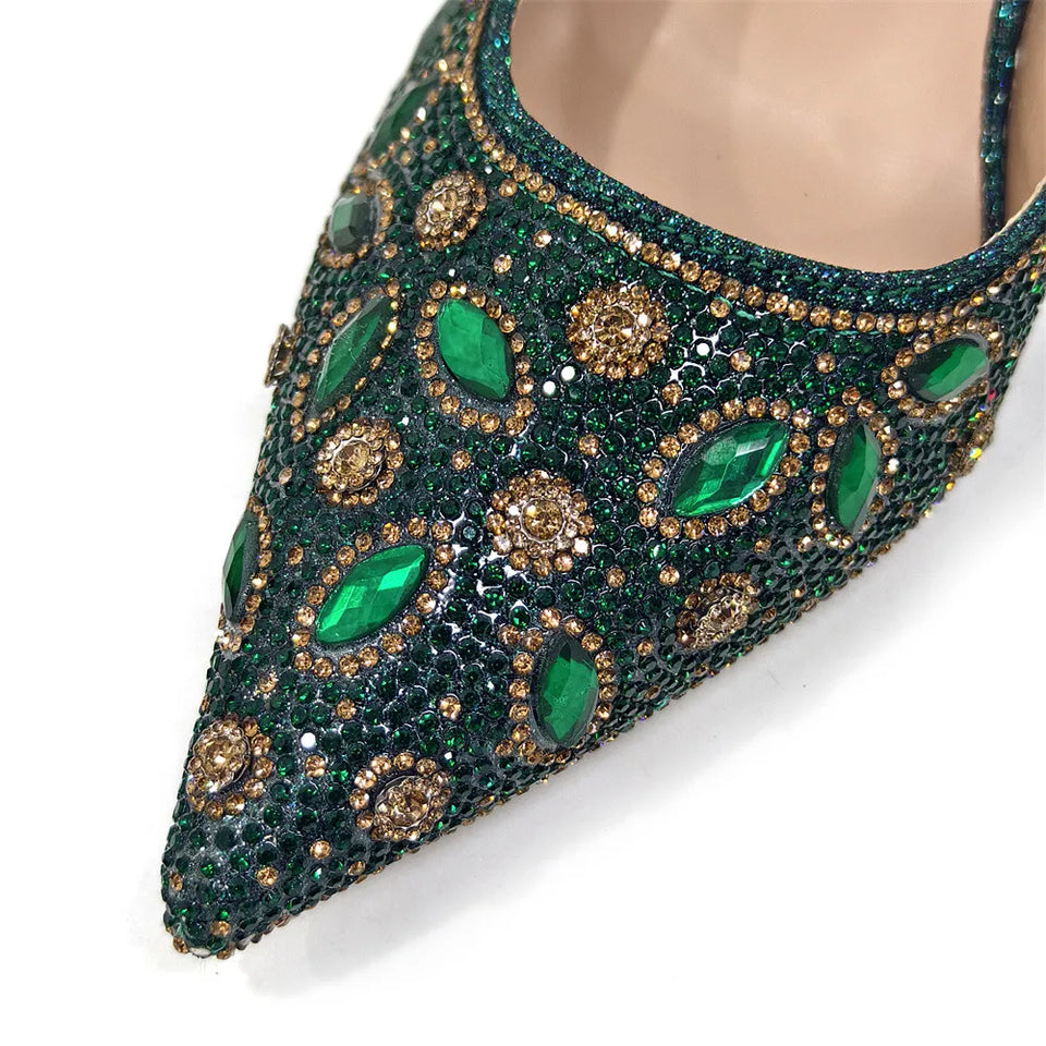 Elegant And Sexy Golden Color High Heels Shoes And Bag With Rhinestone Embellished Toe Is Comfortable Women's Shoes For Party