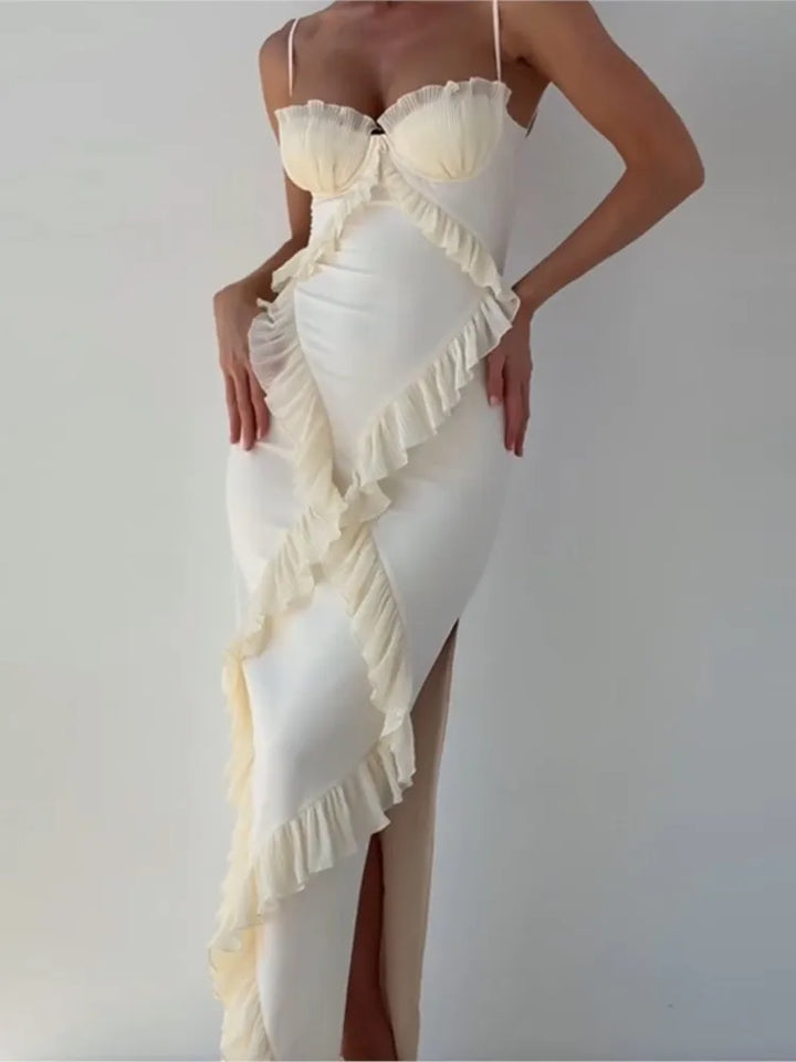 Fashion Patchwork Lace Bag Strap Tops Strapless Women's Beige White Dress Summer Elegant Sexy Nightclub Slit Low Breasts Dresses