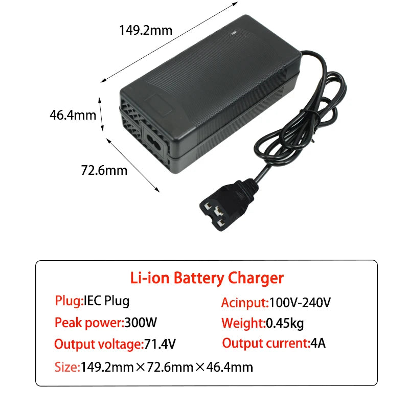 71.4V 3A 4A 2A Li-ion Charger 17S 61.2V 62.9V 3A Lithium Chargers T/PC/IEC 3Pin Connector