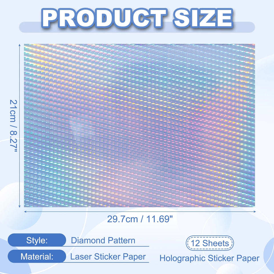 12Sheets Printable Holographic Sticker Paper Vinyl Sticker Paper A4 Waterproof Quickly Stickers for Laser Printer Inkjet Printer
