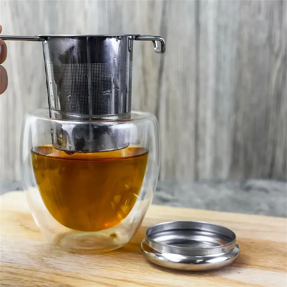 Tea filter, high-quality stainless steel, extended folding handle, tea drain with lid, multi-purpose tea filter with anti scald