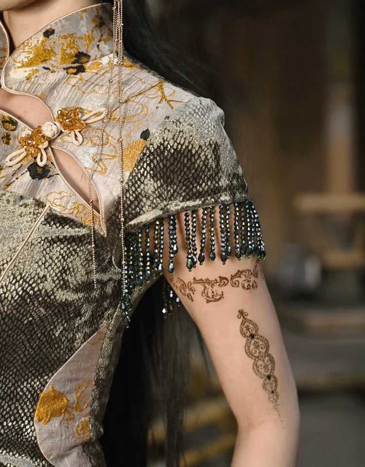 Blood Supply Original New Chinese Cheongsam Slim Dress Tie Tassel Jacquard Tunic Waist Sheath Long Trumpet Dresses Festival