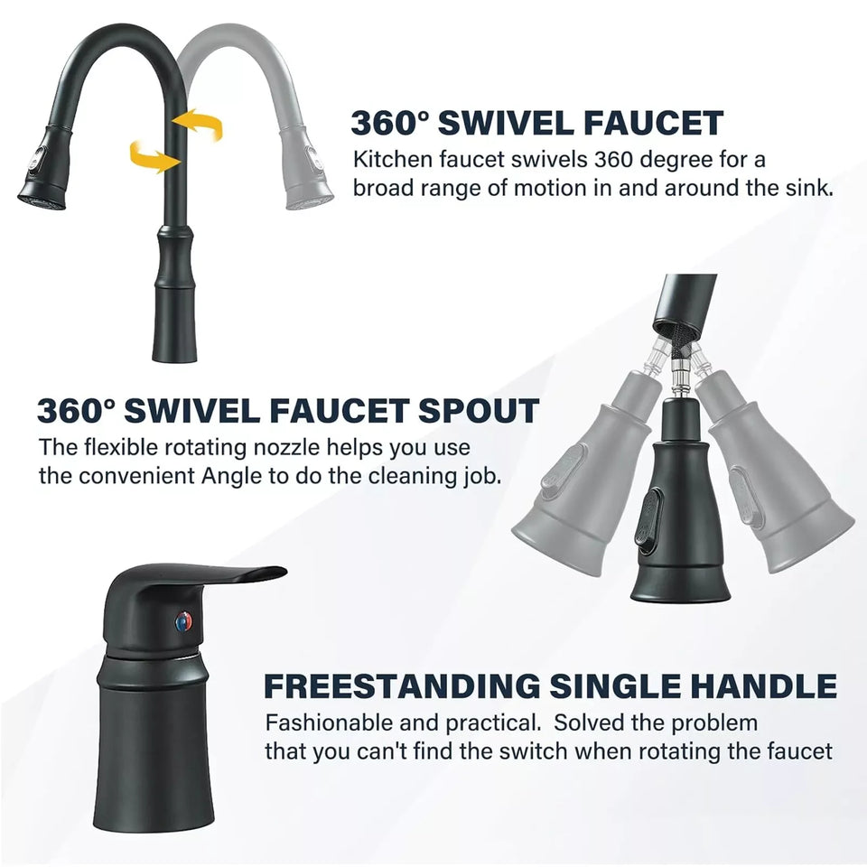 Matte Black Kitchen Sink Faucet with Pull Down Sprayer 1 Handle 2 Hole Mixer Tap Hot and Cold Taps