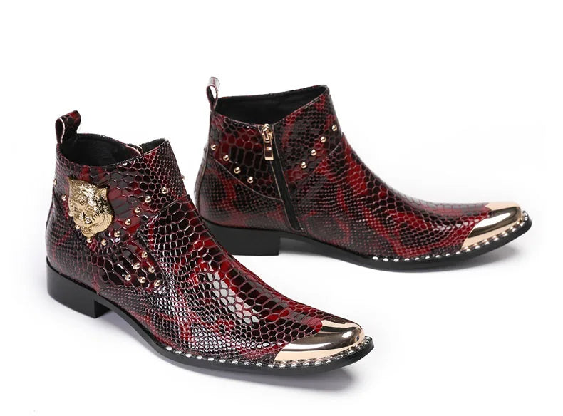 Punk Style Genuine Leather Men Ankle Boots Iron Black Slip On Men Dress Boots Italian Formal Fashion Men Chelsea Boots Pointy