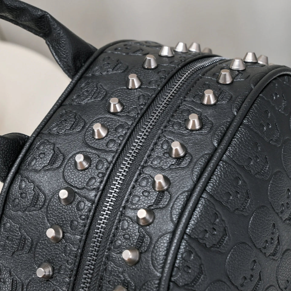 Jierotyx Goth Skull Embossed Backpack for Women Halloween Studded Decor Daypack Punk Style PU Leather Bag Fashion Rivet Travel