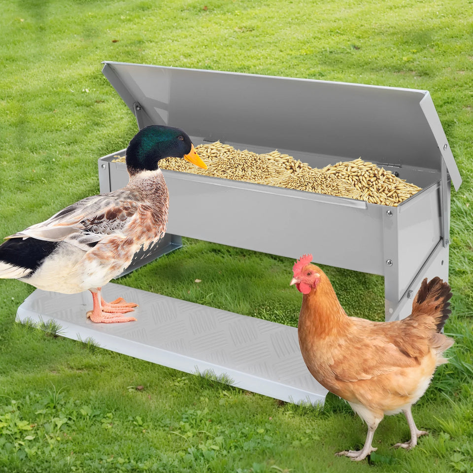 Treadle Chicken Feeder with Weatherproof Lid Rat Proof Chicken Feeder Metal Chicken Feeder for Chickens Ducks and Geese