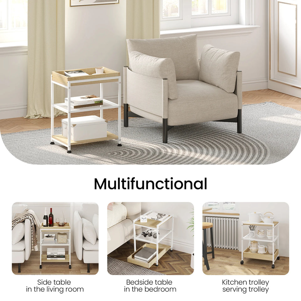 WOLTU 1PC Side Table 3-Tier Coffee Table Rolling Storage Cart with Removable Top Small End Table for Sofa Living Room Storage
