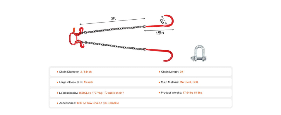 SucceBuy G80 V Bridle Chain Towing Chain Bridle with 15" J Hooks & Grab Hooks Transport Tow Chains for Flatbed Trailer Wrecker