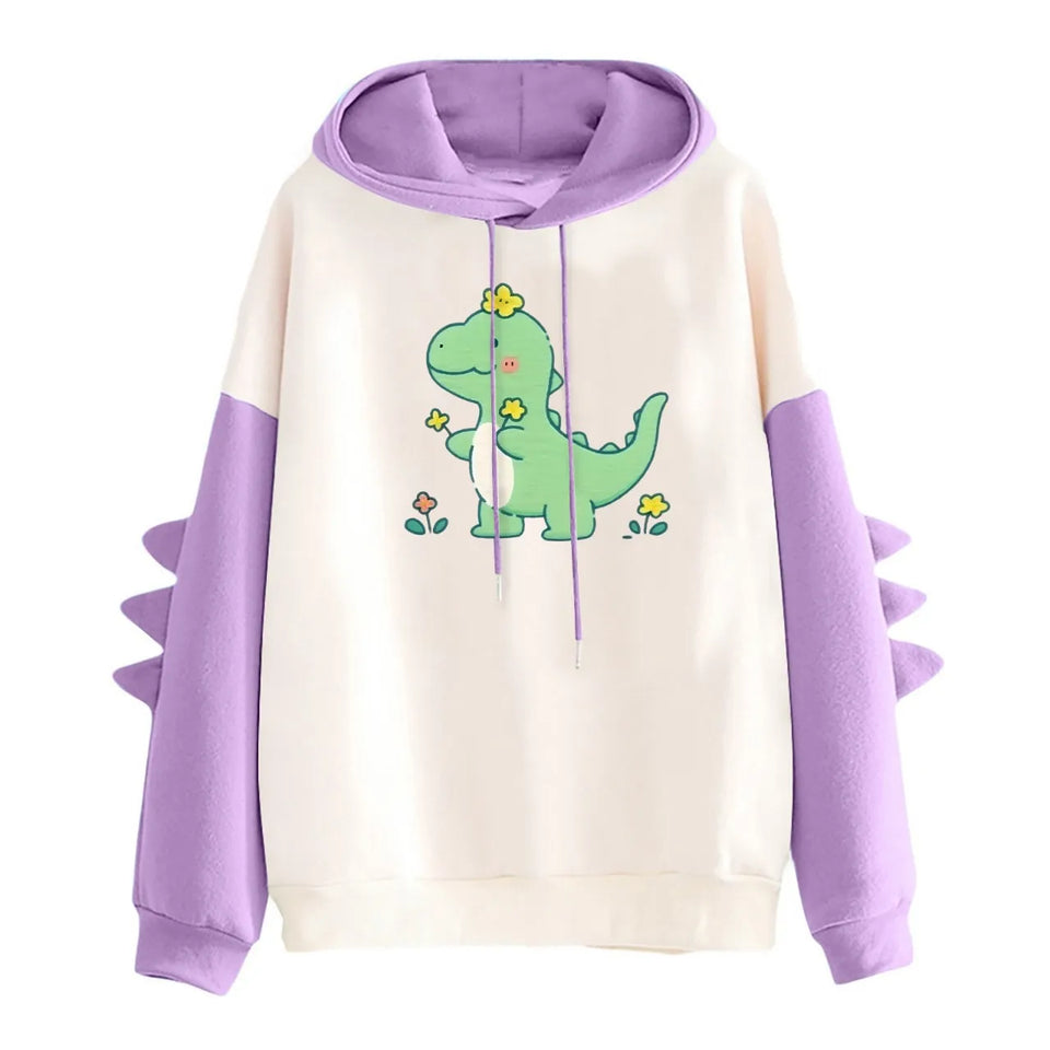 Winter Cute Dinosaur Cartoon Hoodie Women Fashion Sweatshirt Casual Print Long Sleeve Korean Style Splice Tops Kawaii Clothes