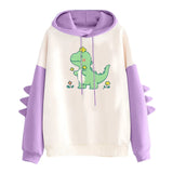 Winter Cute Dinosaur Cartoon Hoodie Women Fashion Sweatshirt Casual Print Long Sleeve Korean Style Splice Tops Kawaii Clothes