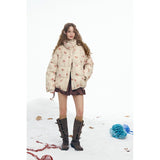 ELFSACK 2025 Winter New Arrivals Y2K Sweet Cute Solid Rose Bow Graphic Hoodless Half High Stand Collar Short Down Jacket For Wom