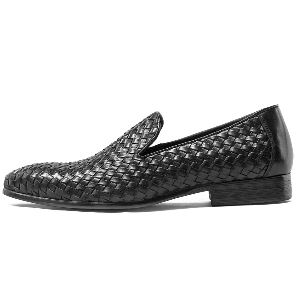 PJCMG Fashion Comfortable Black/Coffee Genuine Knitted Leather Slip-On Pointed Toe Flat Man Casual Classic Formal Dress Shoes