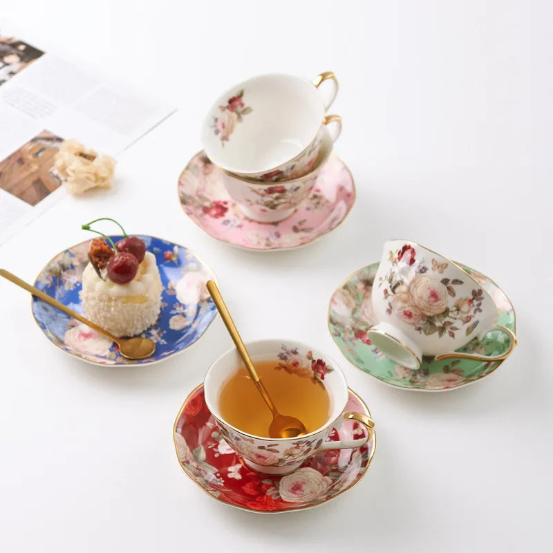 English Camellia Coffee cup & Saucer Set, Light luxury Home afternoon Tea cup and plate, Girls' gift, High appearance level cups