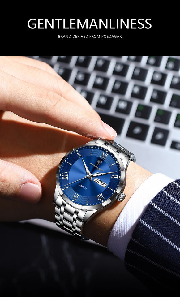 POEDAGAR Luxury Man Clock Waterproof Luminous Week Date Fashion Men's Wristwatch Stainless Steel Business Quartz Watches For Men