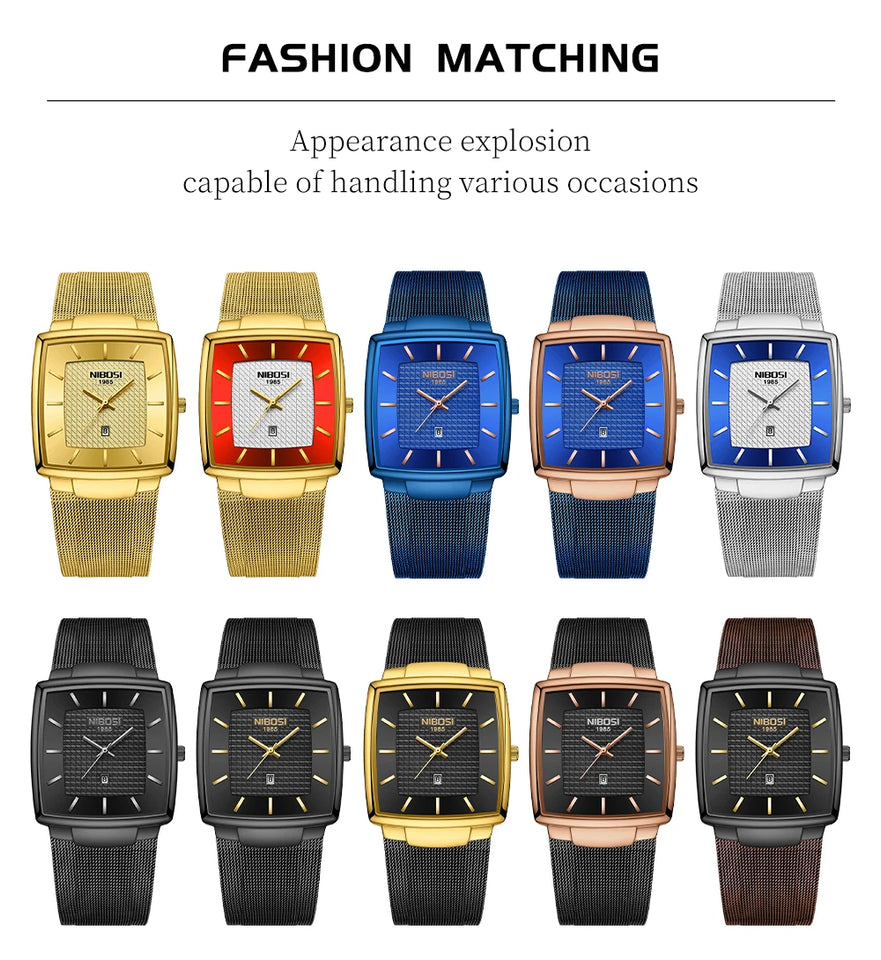NIBOSI Mens Watches Top Brand Luxury Square Quartz Watch Men Slim Mesh Waterproof Sport Wristwatch Date Luminous Reloj Hombre