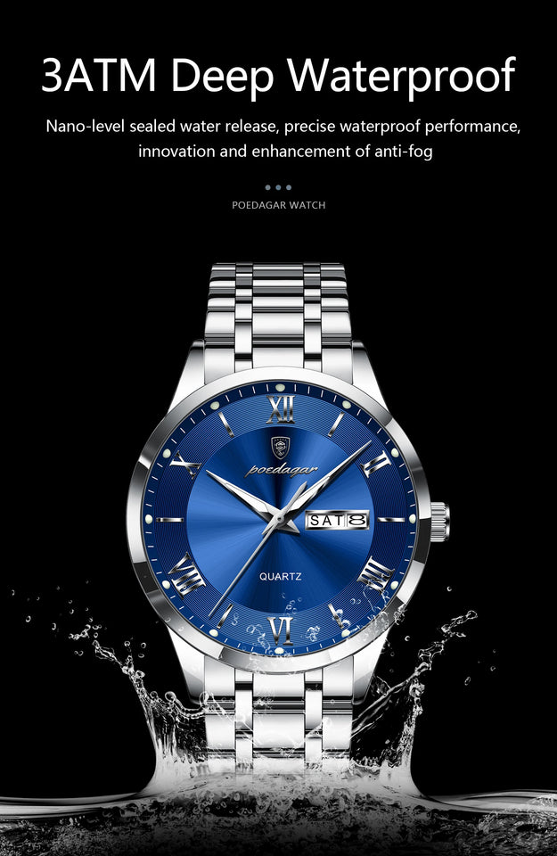 POEDAGAR Luxury Man Clock Waterproof Luminous Week Date Fashion Men's Wristwatch Stainless Steel Business Quartz Watches For Men