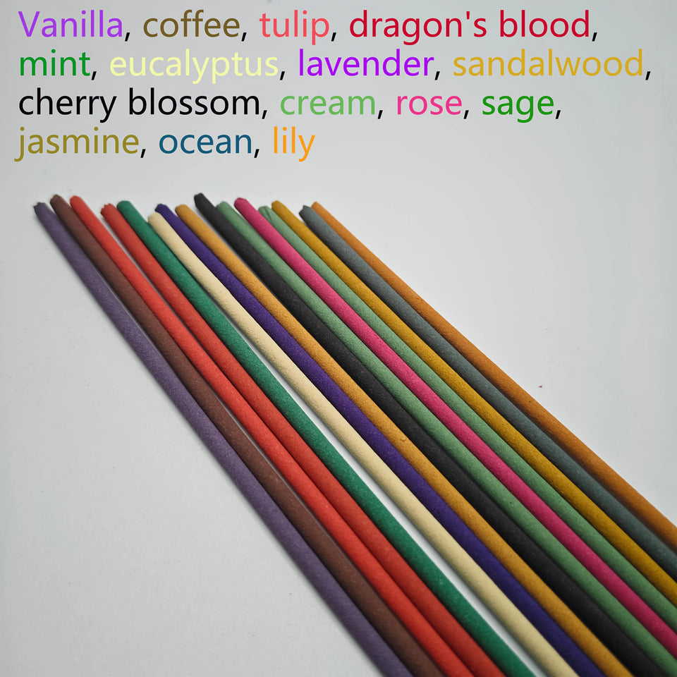 15 Kinds of Essential Oil Infused Aroma Sticks, 60/120/225 Pieces, 22cm, Burn Time 38 Minutes, Coffee, Lavender, Tulip, Lily, Jasmine, Rose, Sage, Ocean, Milky, Cherry Blossom, Dragon's Blood, Sandalwood, Eucalyptus, Vanilla,