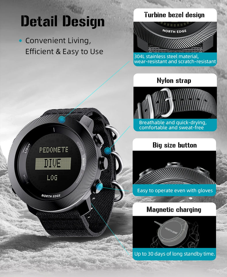 NORTH EDG APACHE-D Men's Digital Free Dive Watch Outdoor Sport Watches Altitude Barometer Compass World Time Waterproof 100M