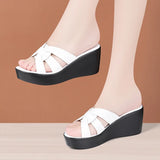 High quality summer leather wedge sandals for women 6cm mid heel new 2025 size 32 33 42 43 platform open toe elegant shoe black