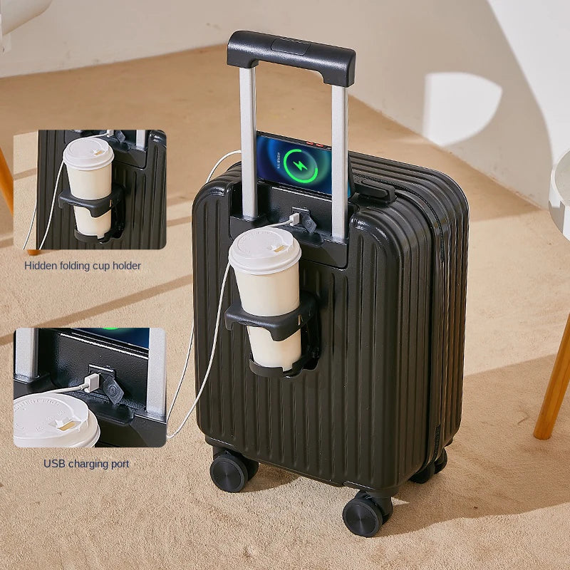 Multifunctional suitcase 18 inch small lightweight luggage with USB cup holder password suitcases 20" cabin carry-on travel bag