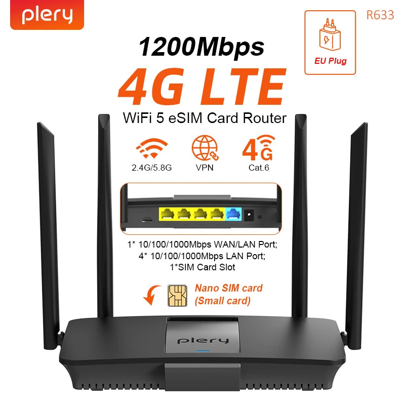 Plery WIFI6 1200Mbps 4G LTE Router 2.4G/5.8G WiFi Router 2*LAN Ports 4G Router Nano SIM Card WPA3 router 5 g sim DC/Type-C Power