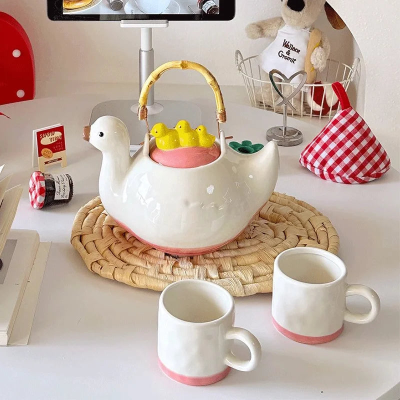 Duck,kettle,Drink water.Shape,Kettle set,Cup,Duckling,Cute,Pale pink,Summer,Goose,teacup,Brew tea,Household