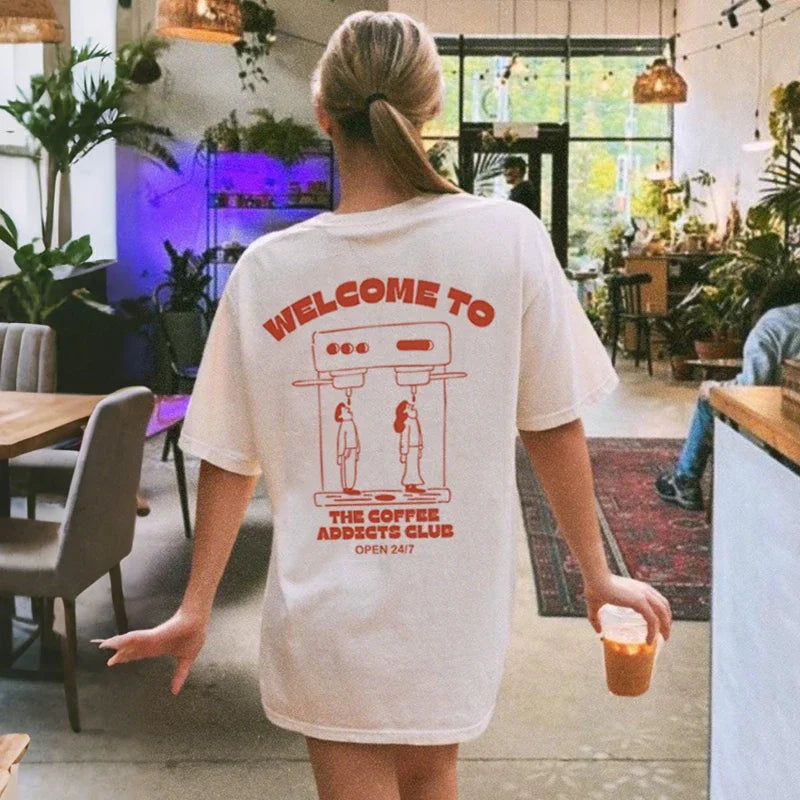 Coffee Addicts Club Graphic T-Shirt for Women Retro Streetwear Barista Tee Unisex Hippie Style Funny Coffee Lover Top