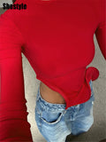 Shestyle Red Asymmetrical Ruffles T-Shirts Women Iron Shape Crew Neck Autumn Glowing Flare Sleeve Crop Tops New Arrivals Tees