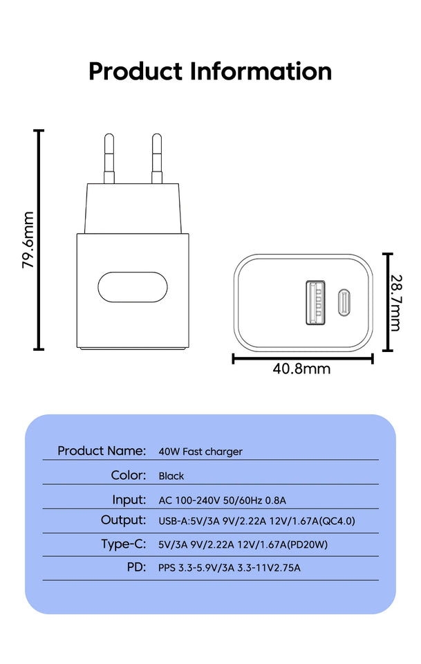 40W USB Type C Charger Dual Port QC4.0 PPS PD 20W Quick Fast Charging Mobile Phone Charger Adapter for iPhone Samsung Xiaomi