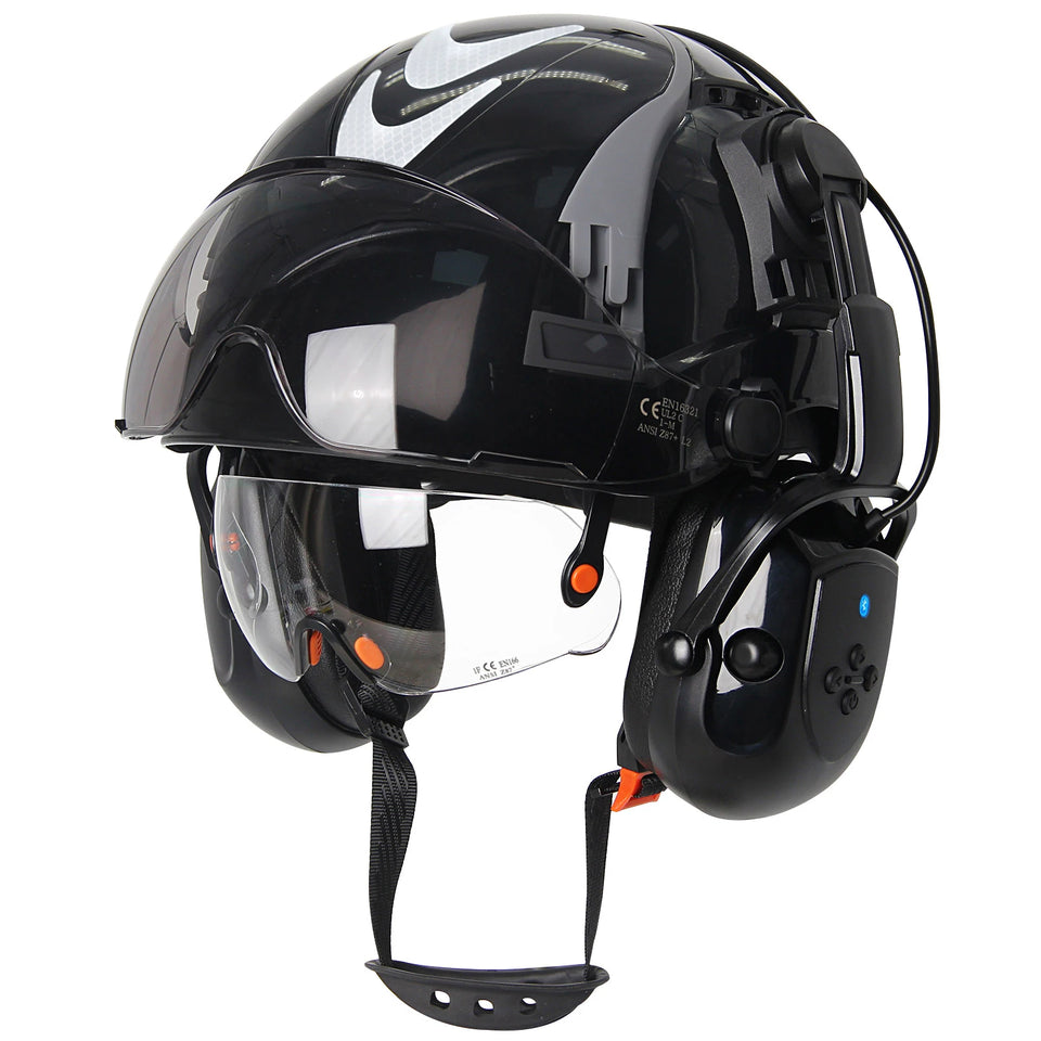 CE Safety Cap w/ 5.0 Bluetooth Earmuffs Reflective Stickers Double Goggles Construction Engineer Helmets ABS Industrial Hard Hat