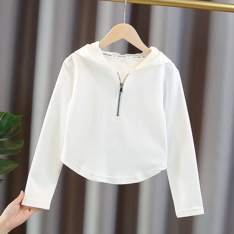 Girls Cotton Plain Hooded Half Zip Cropped Sweatshirt Jackets School Kids Track Pullover Jumper Children Work Coat Tops 3-16Yrs