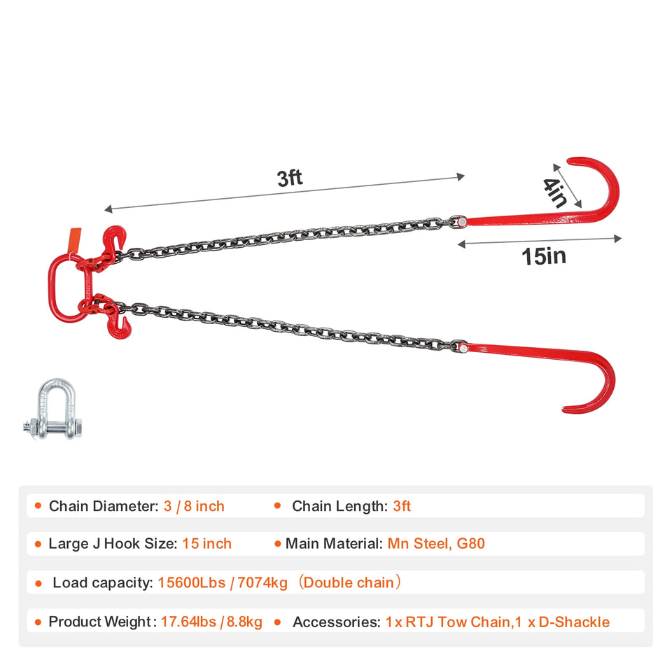 SucceBuy G80 V Bridle Chain Towing Chain Bridle with 15" J Hooks & Grab Hooks Transport Tow Chains for Flatbed Trailer Wrecker