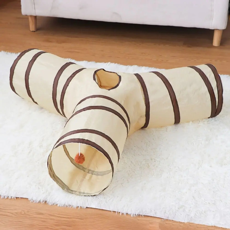 Fun Polyester+Steel Wire Cat Tunnel Tube Breathable Foldable Cat Nest Training Interactive Beige+Coffee Pet Fun Play Toy Cat