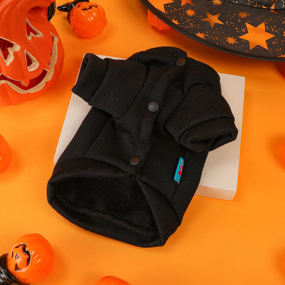 Black Cloth Halloween Sweater Pet Clothes Dog Cat Black Halloween Handsome Funny English Embroidery Traction Open Button Jacket