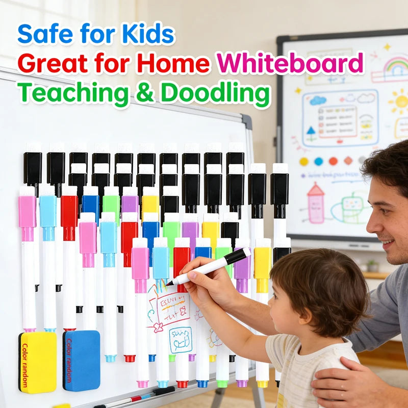 100/5Pcs Dry Erase Whiteboard Markers Set, Washable Pens with Magnetic Eraser for Office Whiteboards & Art Supplies