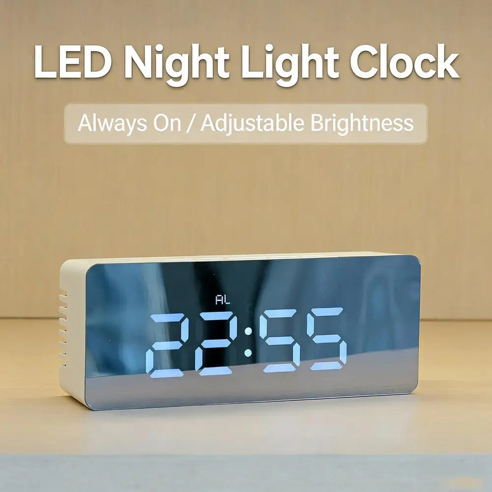Electronic Mirror LED  Digital Alarm Clock, Temperature Date Display Mini Table Clock for Bedroom Home Office Teens Kids