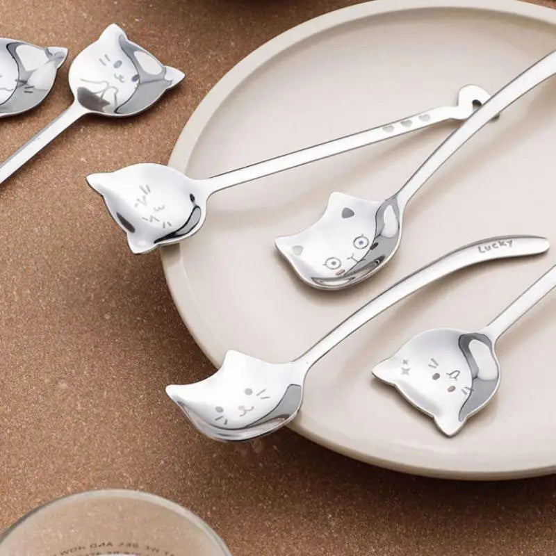 1PCS Cute Cat Coffee Spoon 304 Stainless Steel Cat Spoon Teaspoon Long Handle Flatware Gift Tableware Coffee Accessories