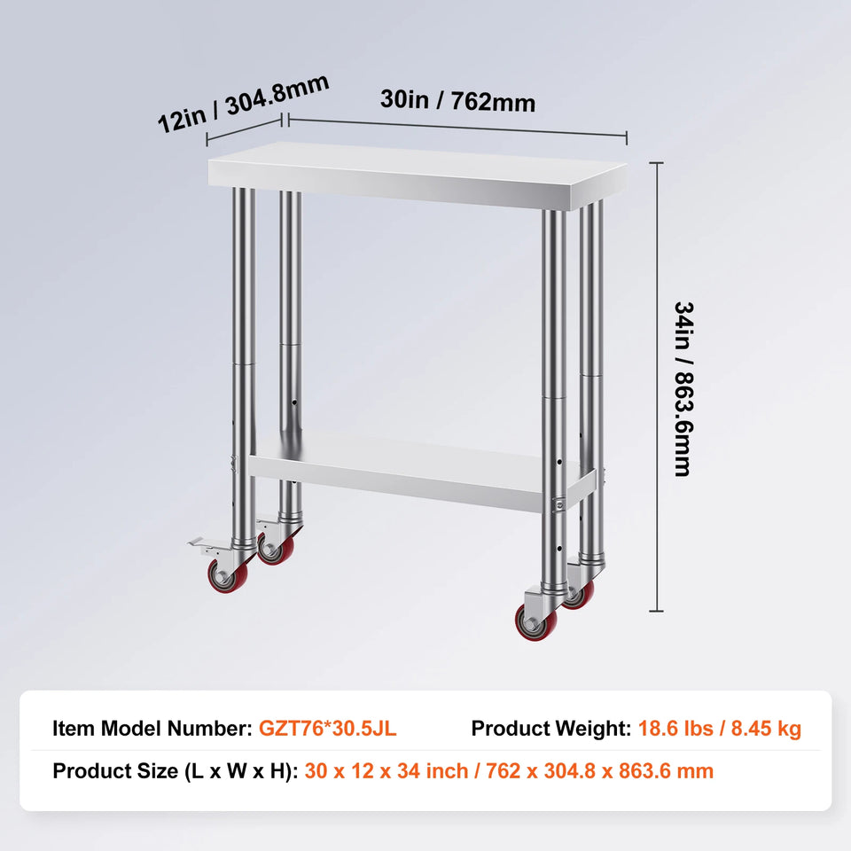 SucceBuy Stainless Steel Kitchen Worktable shelves Commercial Work Bench Table with Caster Wheels for Home Restaurant Storage