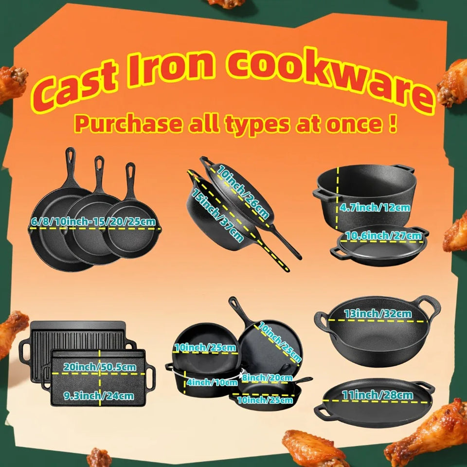 3-Piece Cast Iron Skillet Set (6/8/10 Inch) - Pre-Seasoned, Non-Stick, Heavy-Duty Pans for Oven, Grill & Campfire Cooking