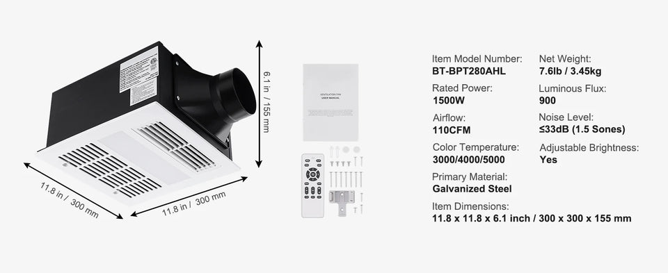 SucceBuy Bathroom Exhaust Fan 80/110CFM High-Efficiency Ventilation 1.5sones Low Noise Operation Energy-Saving Bathroom Ceiling