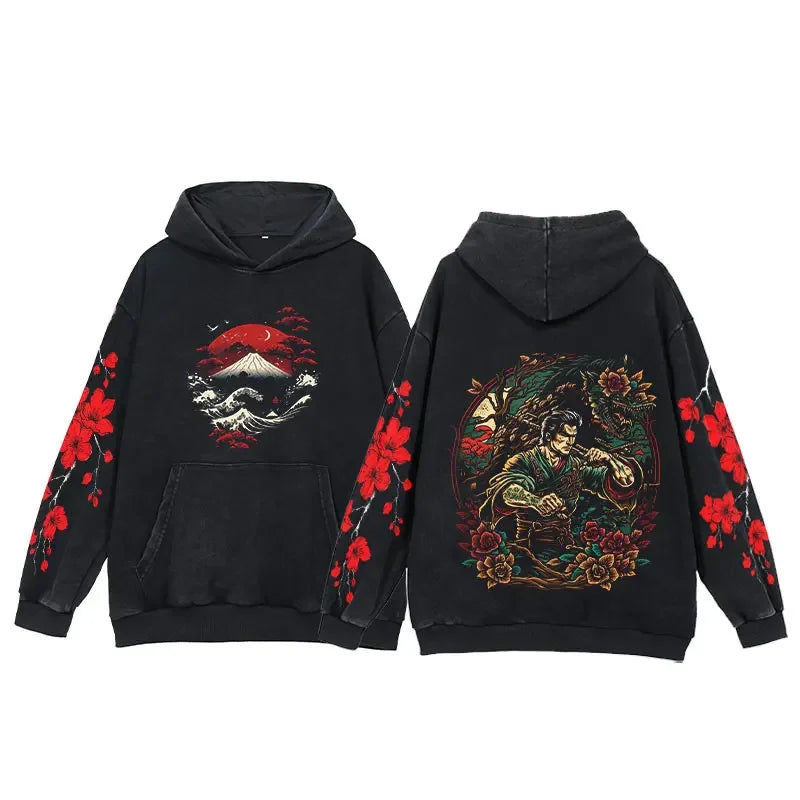 Y2K Anime Hoodies Men Ukiyoe Oversized Loose Vintage Acid Wash Hooded Sweatshirt Women Goth Harajuku Cotton Long Sleeve Pullover