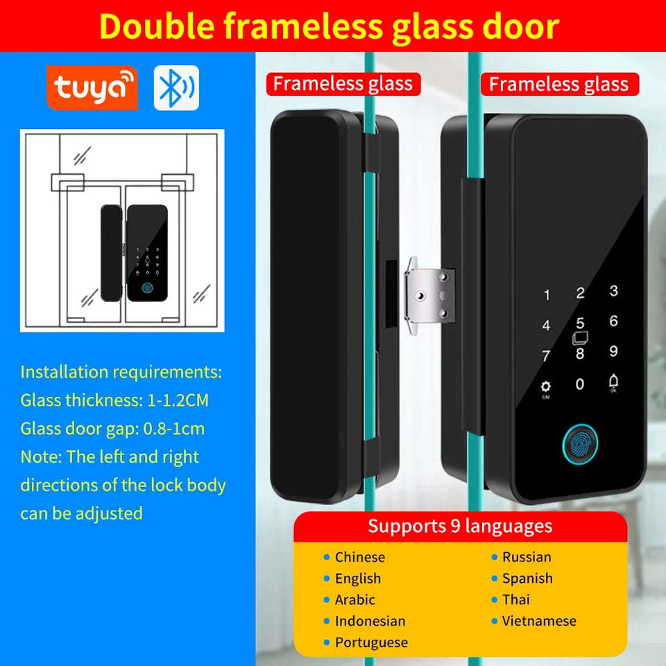 Bluetooth Electronic Glass LOCK Fingerprint Recognition Smart Lock Tuya APP Rfid Card Biometric Unlock for Glass Door Lock